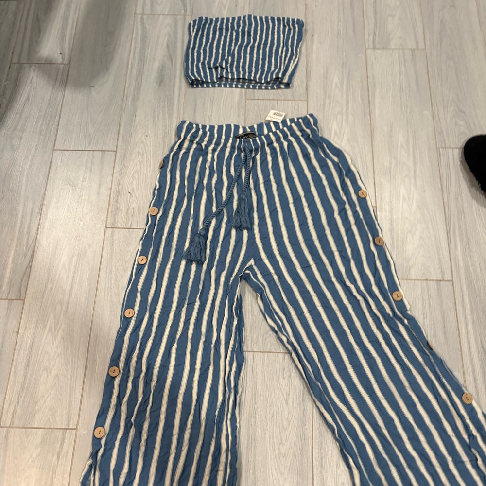 Blue and White Striped Strapless Top + Wide Leg Button Pants Set